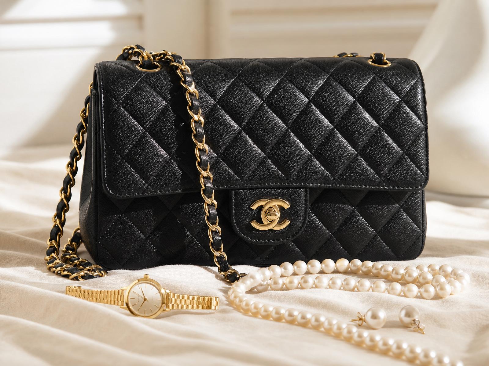 Chanel Classic Flap handbag with gold watch and pearl jewellery arranged on ivory linen