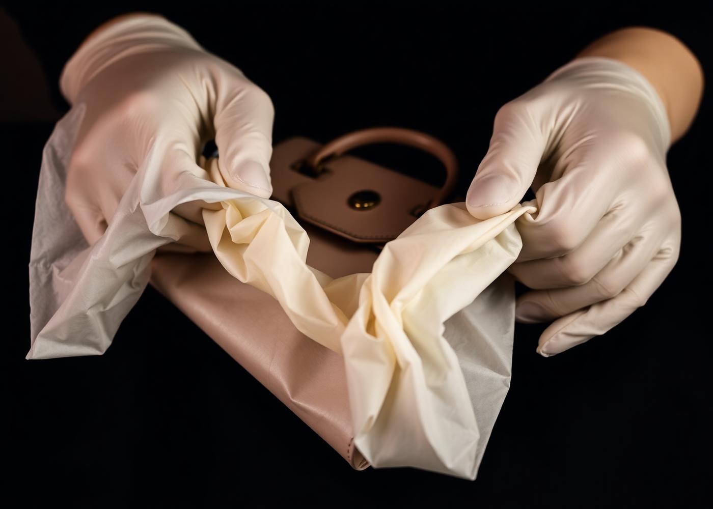 Gloved hands wrapping a luxury handbag in ivory tissue paper